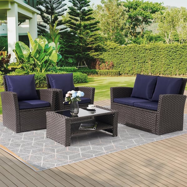 4 PCS Patio Rattan Furniture Set Wicker Table Sofa Chair With Cushion Outdoor 