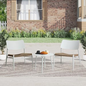 3-Piece Outdoor White Aluminum Bistro Set Patio Conversation Set with Hand-Woven Ratten Seat