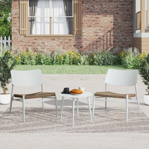 HOMEFUN 3-Piece Outdoor White Aluminum Bistro Set Patio Conversation Set with Hand-Woven Ratten Seat