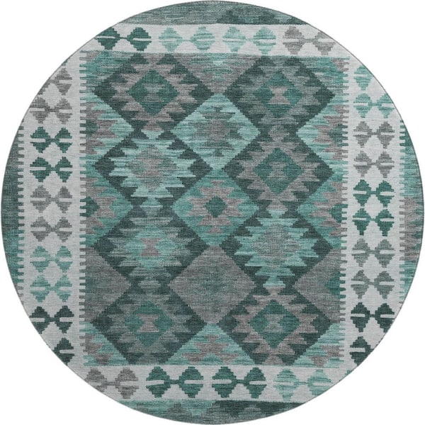 Mayfield Premium Machine Washable Abstract AMF1915 Seafoam 8 ft. x 8 ft. Round Rug