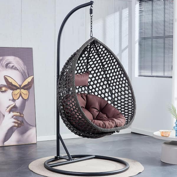 40 in. W Black Wicker Patio Swing with Brown Cushion For Patio Balcony, Backyard, Bedroom