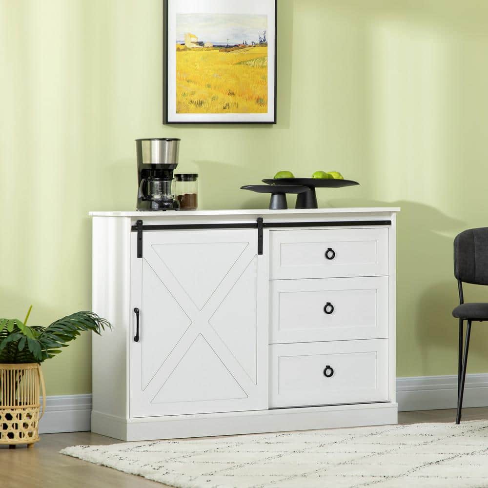 Farmhouse Chic White Kitchen Buffet Cabinet with Sliding Barn Door