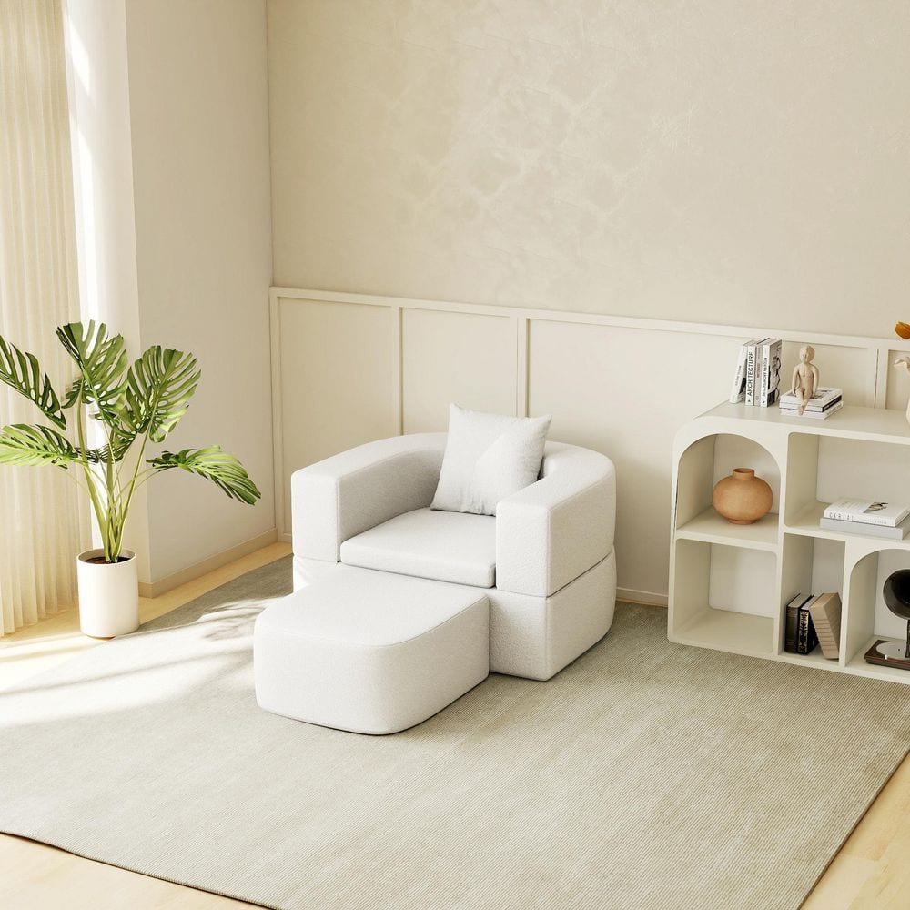 Foldable 41 in. Teddy Fabric Square Arm Chair Accent Chair with Soft Memory Foam Cushions White