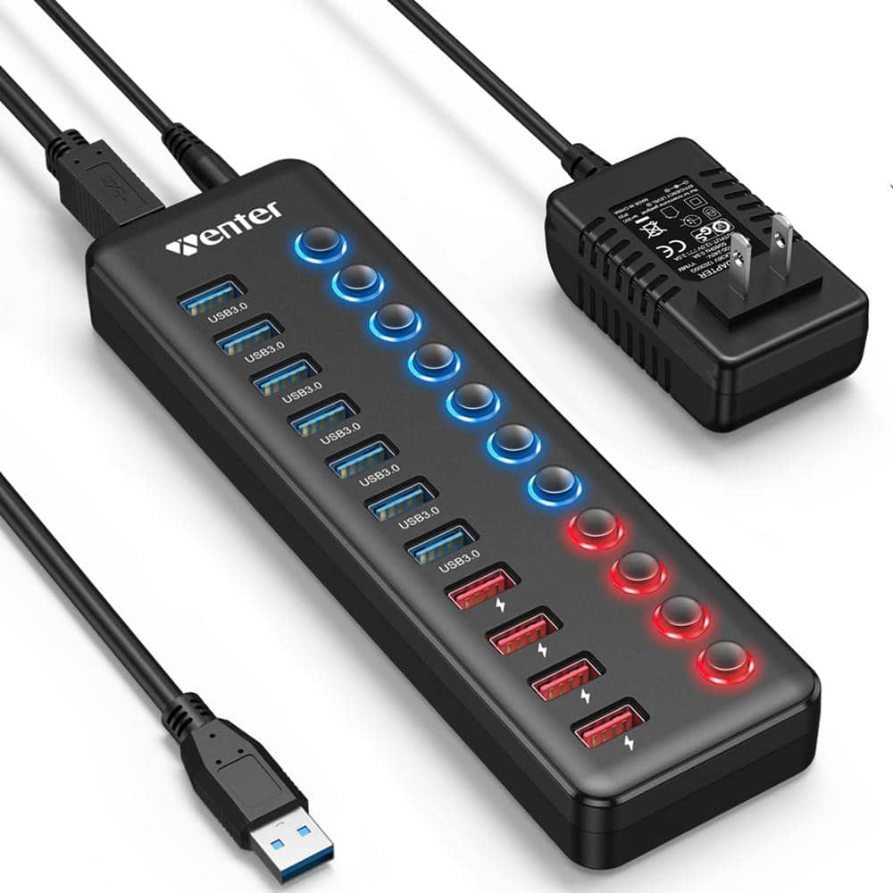 Powered USB 3.0 Hub, Wenter 11-Port Hub Splitter (Transfer Ports+ 4 Smart Charging Ports) with Individual LED Switches