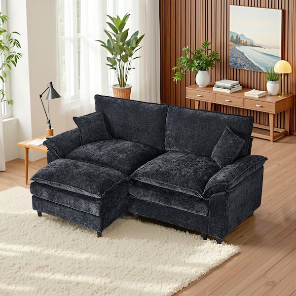 WONDER COMFORT Comfy 82.68 in. Pillowed Armrest Chenille 2 Seat Loveseat with Ottoman and Pillows Sectional Sofa in Black