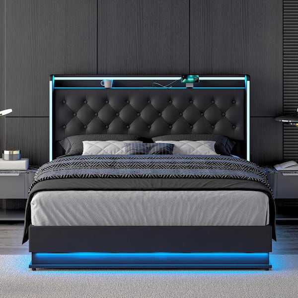 JAYDEN CREATION Einav Black Modern Metal Frame Queen Platform Bed with Charging Ports