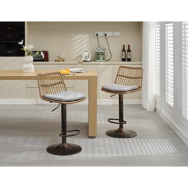 Tula 32.68 in. Grey Antique Metal 360° Swivel Cushioned Rattan Counter Stool, Adjustable Seat Height, Set of 2