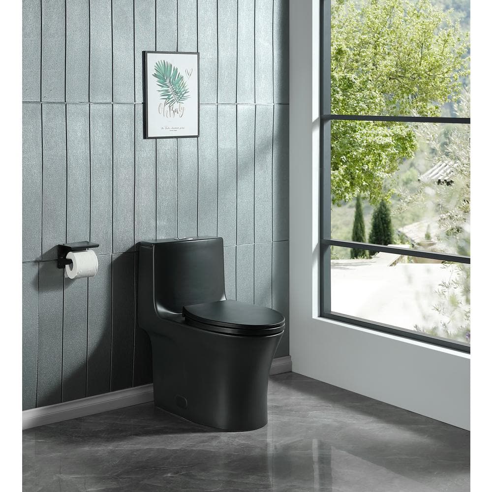 Matte Black Ceramic Dual-Flush Elongated One-Piece Toilet