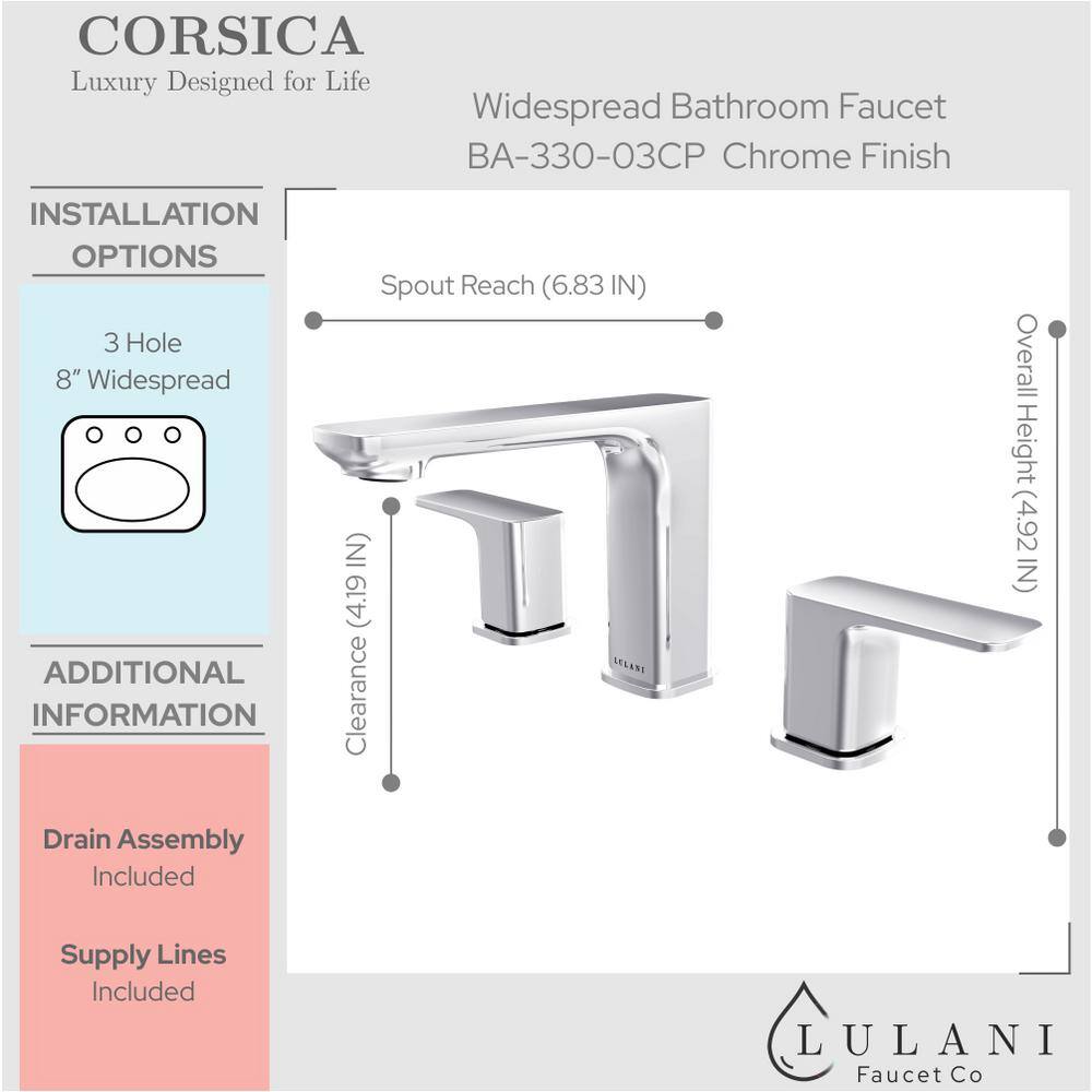 Corsica Chrome 8" Widespread Modern Bathroom Faucet with Drain Assembly