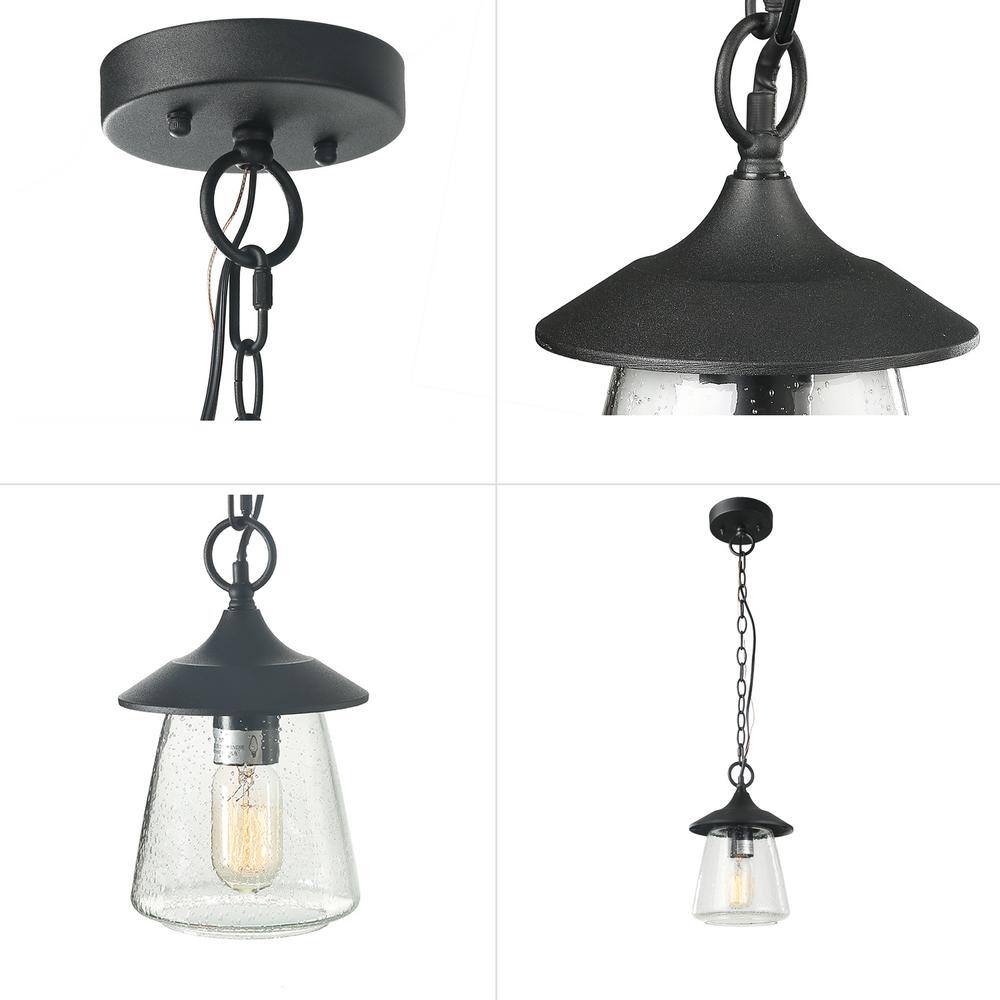 Matte Black Outdoor Pendant Light with Seeded Glass Shade