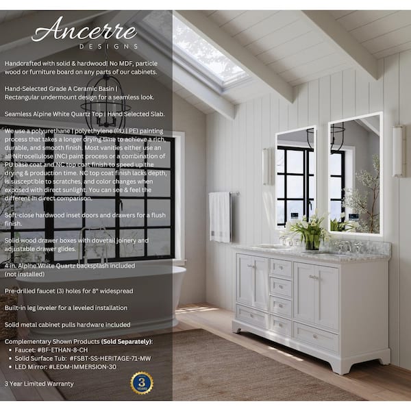 Audrey 66 in. W x 22 in. D x 34.3 in H Double Sink Bath Vanity in White with Italian Carrara White Marble Top