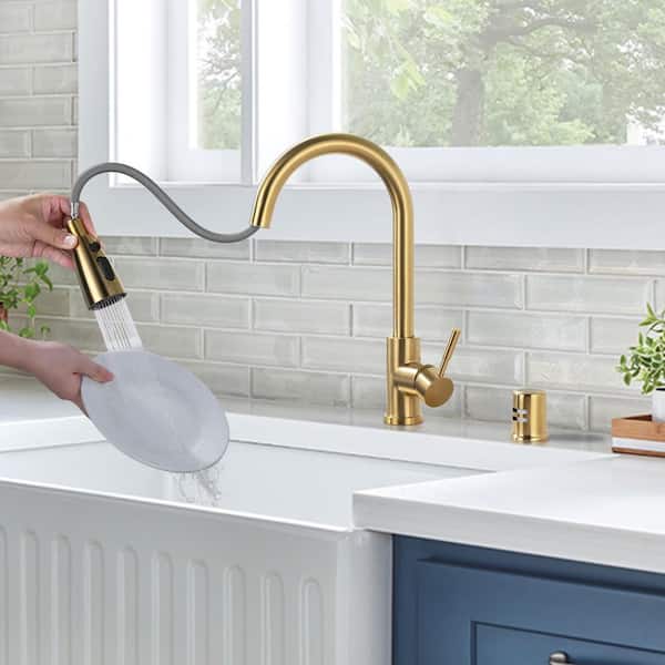 Single Handle Pull Down Sprayer Kitchen Faucet with 3-Mode Sprayer and Air Gap Kit in Gold
