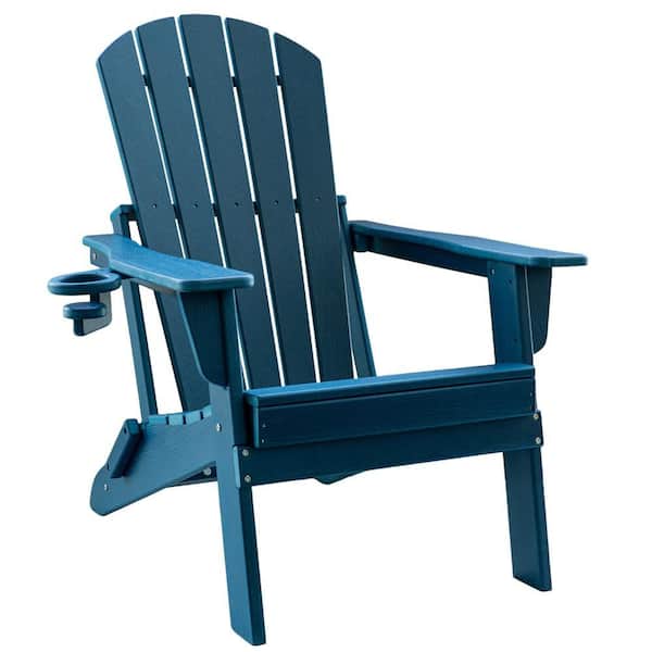 HDPE Folding Adirondack Chair with Cup Holder, Weather-Resistant, Low Maintenance, Supports up to 400lbs, Navy Blue