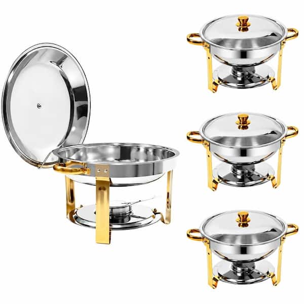4-Pack 6 qt. Round Gold and Silver Stainless Steel Chafing Dish Buffet Set with Foldable Legs and Full Accessories