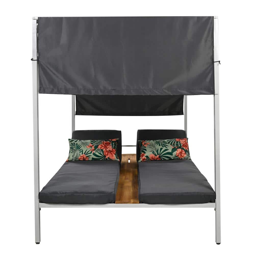 2-Person Metal Outdoor Day Bed, Patio Sunbed with Adjustable Seats, Soft Gr
