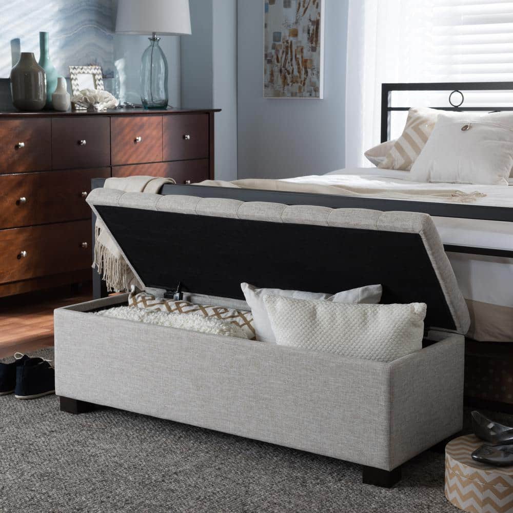 Beige Tufted Fabric Upholstered Storage Bench with Rubberwood Frame