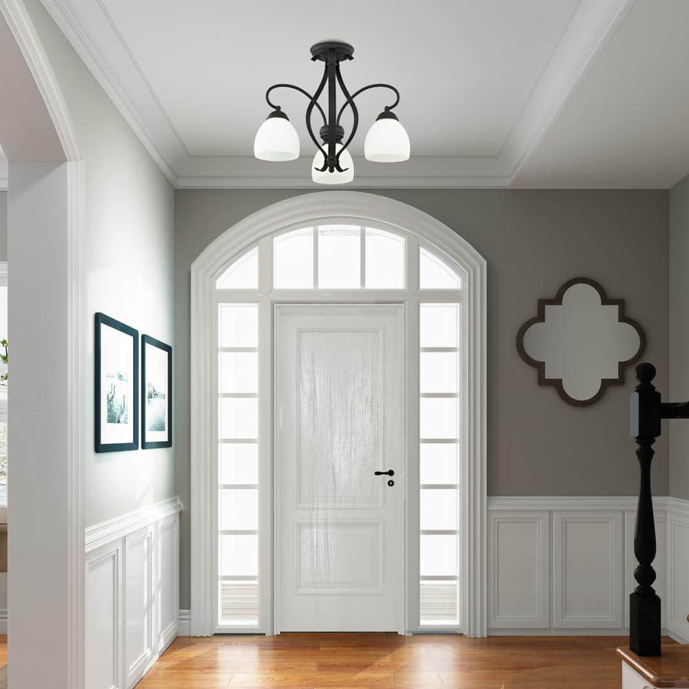 Black 3-Light Convertible Hanging Lantern with Hand Blown Satin White Glass