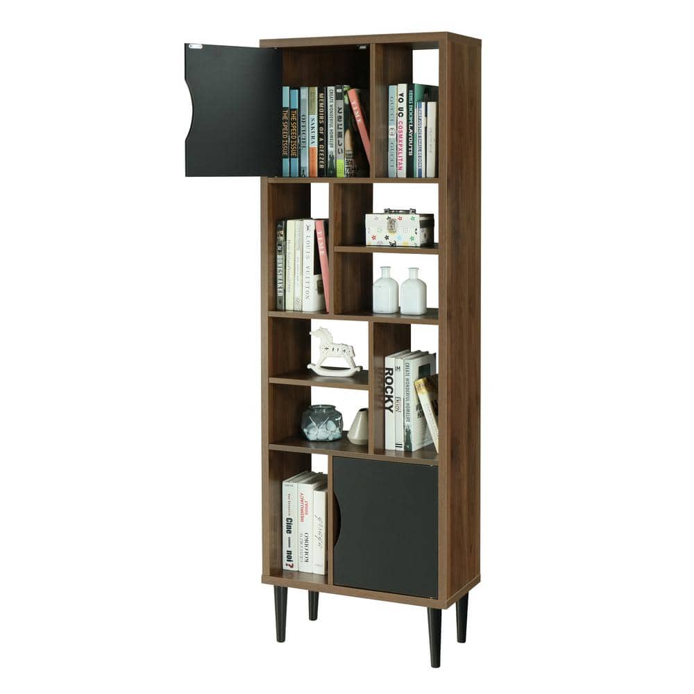 Tall Black and Danish Walnut Wood Bookcase with Doors