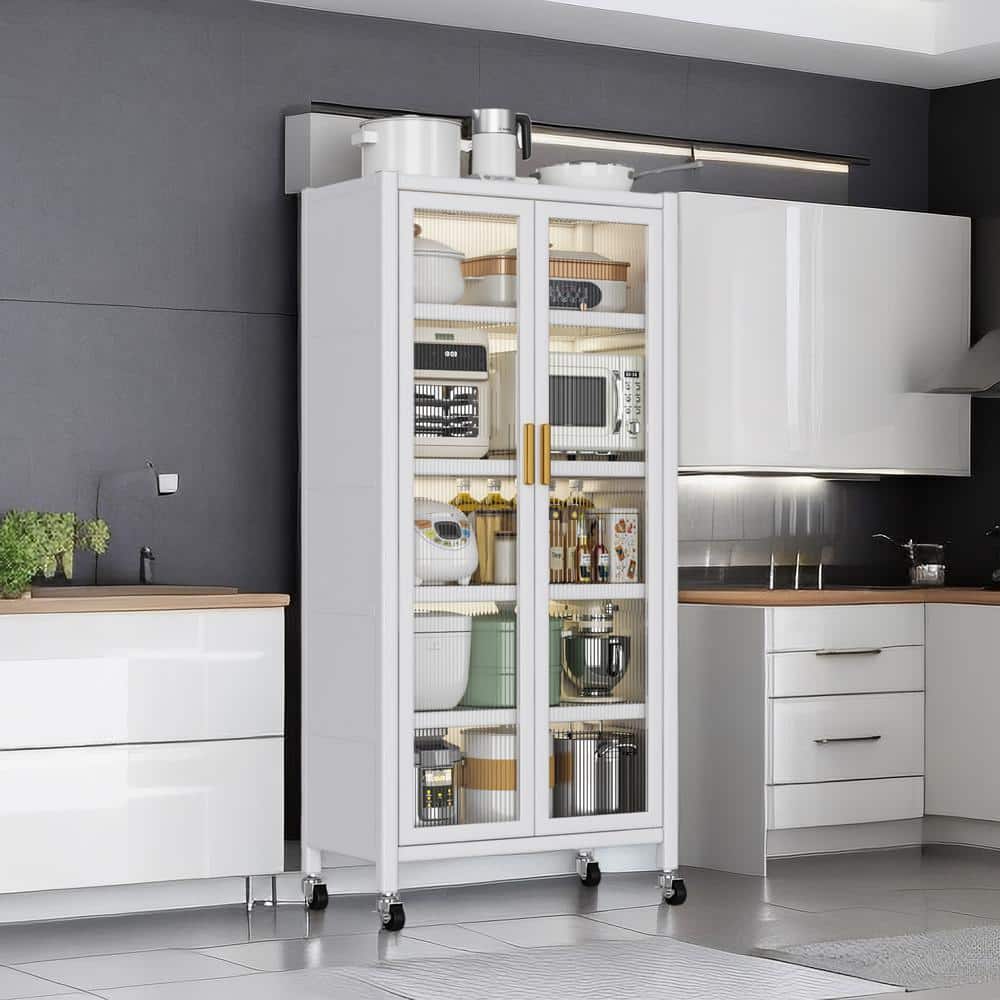 White Metal Kitchen Cart with Wheel, 5-Tier Metal Bakers Rack Kitchen Pant