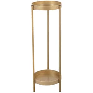 31.5 in. Gold 2-Tier Round Metal Folding Potted Indoor Plant Stand with 2 Round Trays