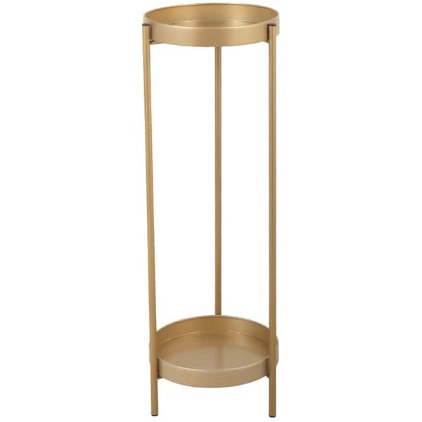 VERYKE 35.4 in. Gold 2-Tier Round Metal Folding Potted Indoor Plant Stand with 2 Round Trays