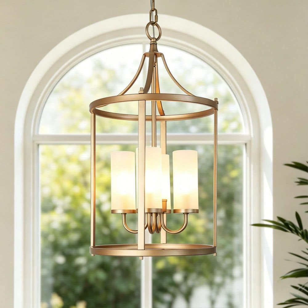 LNC Modern Gold Lantern Chandelier, Drum 4-Light Cylinder Caged