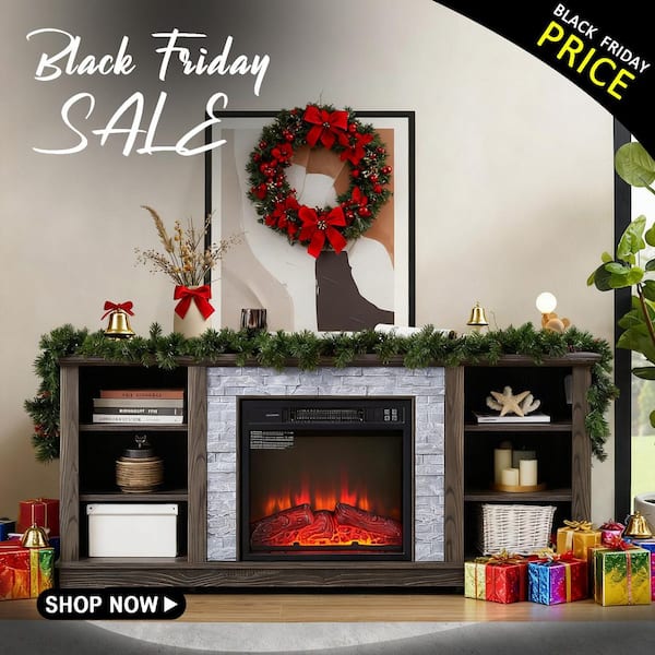 58 in. W Freestanding Wooden Modern Electric Fireplace TV Stand with Faux Stacked Stone Surround in Grey