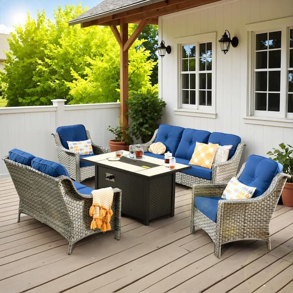 HOOOWOOO Verona 5-Piece Wicker Modern Outdoor Patio Fire Pit Furniture Conversation Sofa Loveseat Set with Navy Blue Cushions