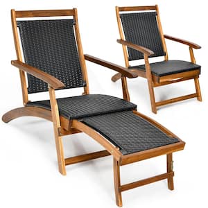 2-Piece Patio Folding Rattan Lounge Chair Wood Frame Retractable Footrest