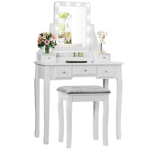 White Vanity Dressing Table Set with 10-Dimmable Bulbs Touch Switch Cushion Stool