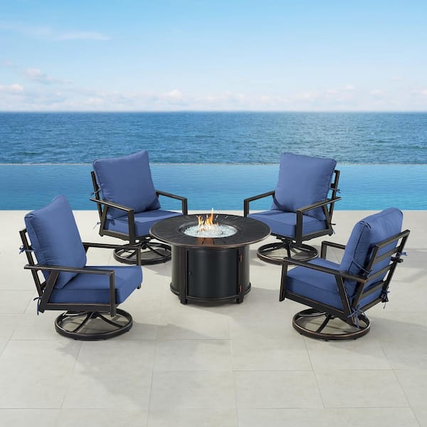 Oakland Living Black 7-Piece Aluminum Patio Fire Pit Set with 4-Club Chairs Blue Cushions