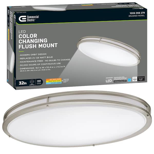 Commercial Electric 32 in. Orbit Oval Color Selectable CCT LED Flush Mount Brushed Nickel Ceiling Light 3000 Lumens Dimmable