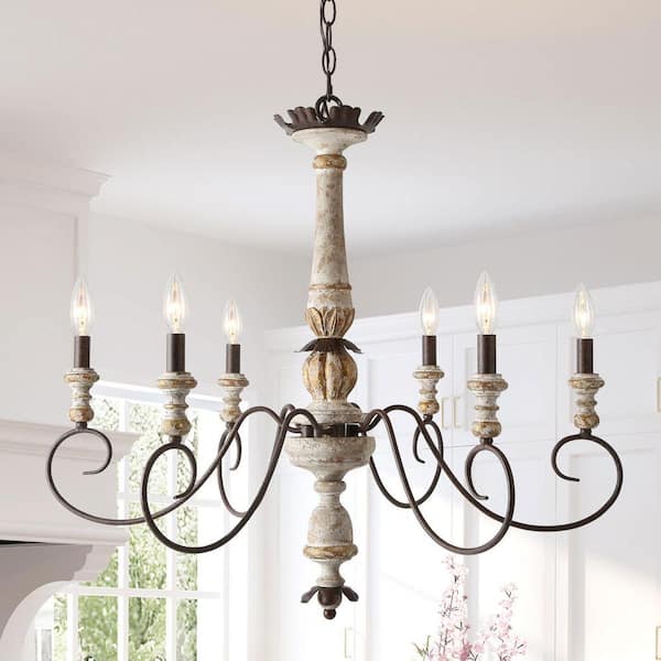 Farmhouse Antique Wood Candlestick Island Chandelier, Classic 6-Light Rustic Rusty Bronze Light with Imitation Gold Leaf