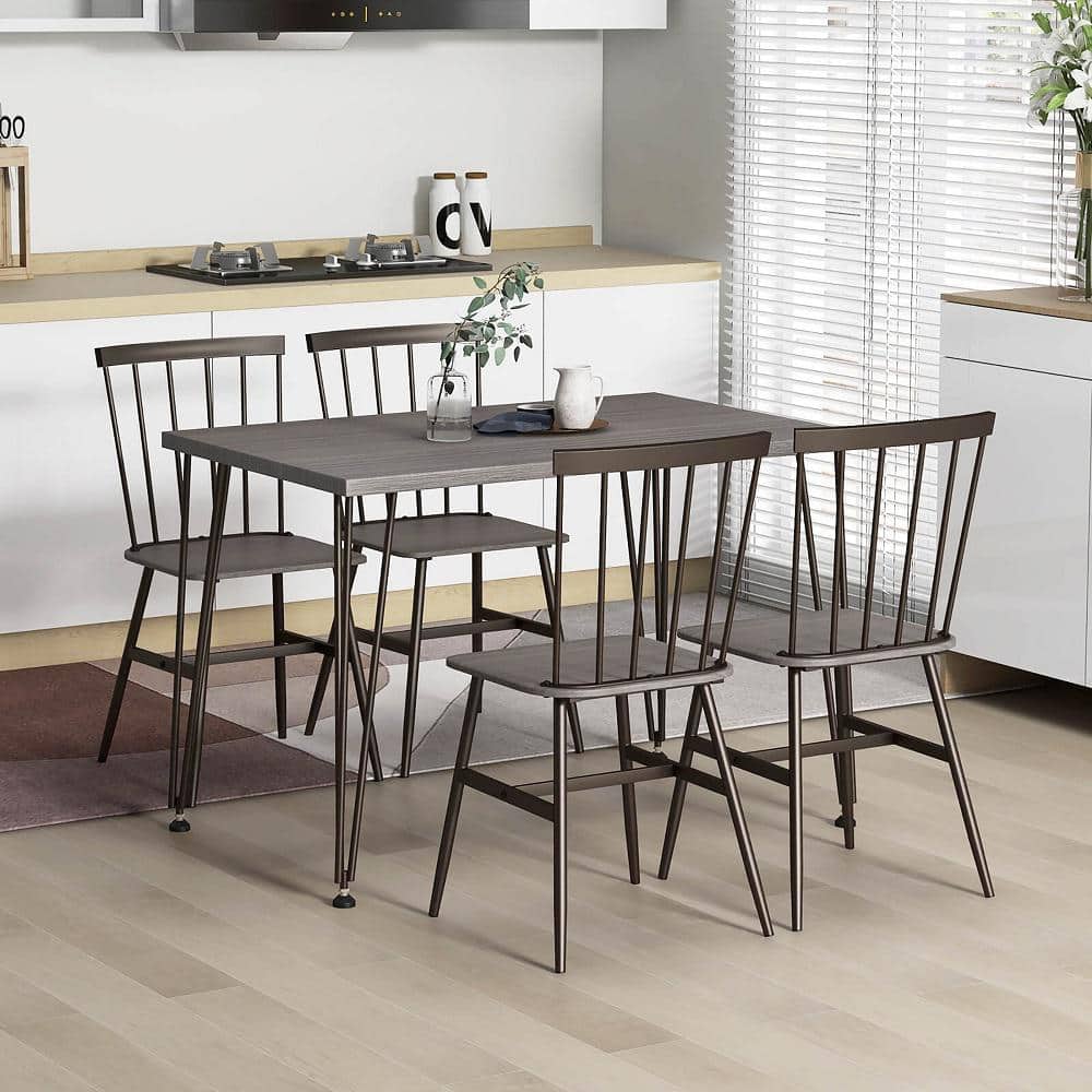 Gymax 5PCS Dining Table Set for 4 Rectangular Kitchen Table & 4 Chairs w/ Metal Frame Grey Oak ...