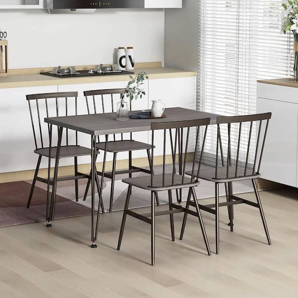 5PCS Dining Table Set for 4 Rectangular Kitchen Table & 4 Chairs w/ Metal Frame Grey Oak