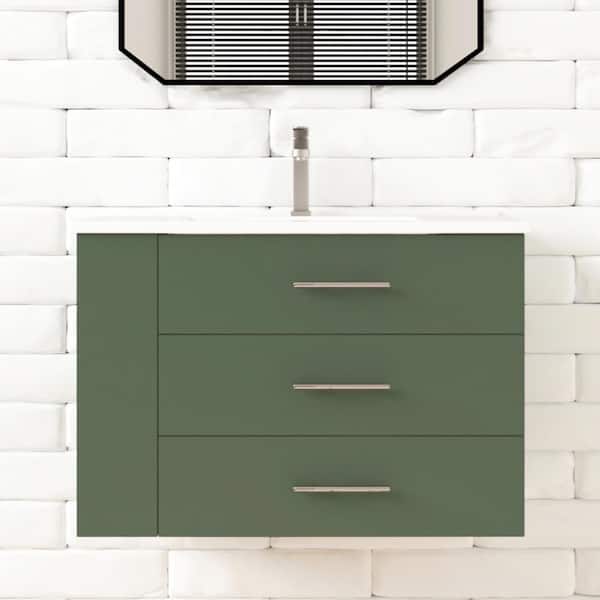 Rita 30.25 in. W Single Sink Wallmount Bath Vanity with White Ceramic Top Countertop in Forest Green w/ Left Side Shelf