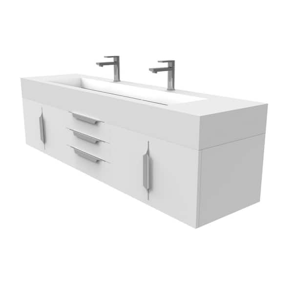 castellousa Nile 72 in. W x 19 in. D x 20 in. H Single Sink Bath Vanity in Matte White with Chrome Trim and White Solid Surface Top