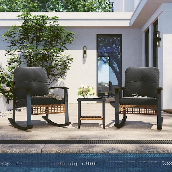 Patio Conversation Black 3-Piece Wicker Square Outdoor Dining Set with CushionGuard Black Cushions
