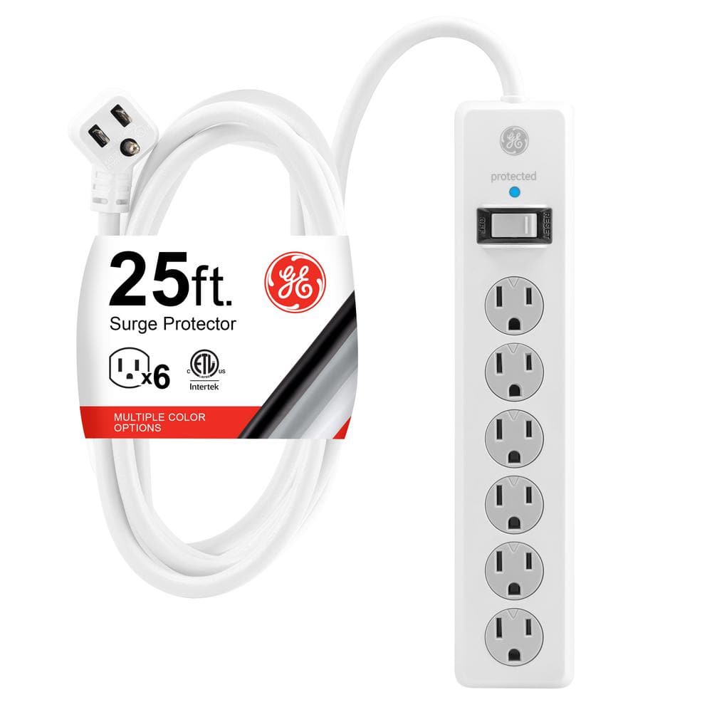 6 Outlet Surge Protector Power Strip - 14/3 SJT White Surge Suppressor with  25 Foot Long Extension Cord, 15A/1875W, ETL Listed