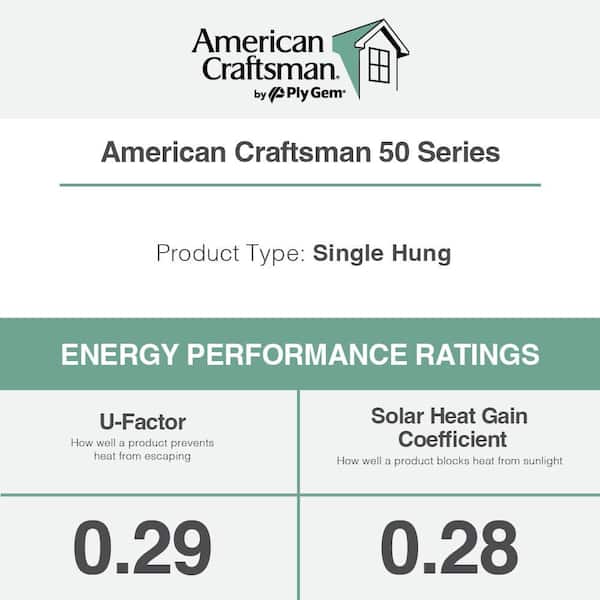 50 Series Low-E Argon Glass Single Hung White Vinyl Fin Window with Grids, Screen Incl