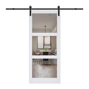 36 in x 84 in. 3 Lite Mirrored Glass White Finished Composite MDF Barn Door Slab with Hardware Kit