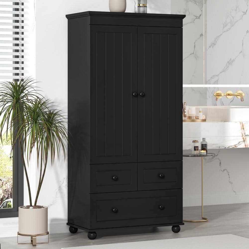 30.6 in. W x 15.8 in. D x 62.7 in. H Black Wide MDF Freestanding Linen Cabi