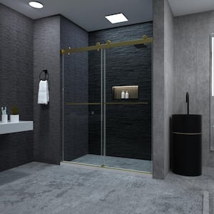 Aohl 60 in. W x 72 in. H Sliding Semi-Frameless Shower Door in Gold with Clear Glass