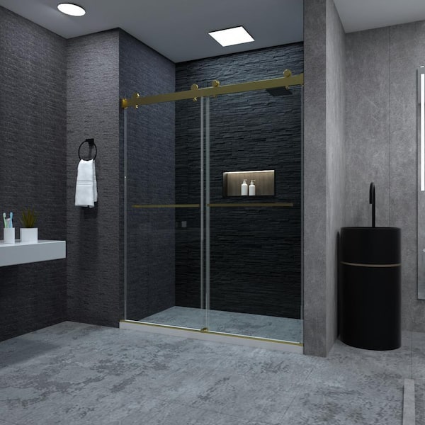 niveal Aohl 60 in. W x 72 in. H Sliding Semi-Frameless Shower Door in Gold with Clear Glass