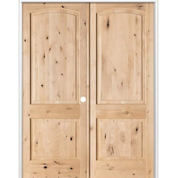 64 in. x 96 in. Rustic 2-Panel Arch Top Left Active Unfinished Knotty Alder Wood Double Prehung Interior Door