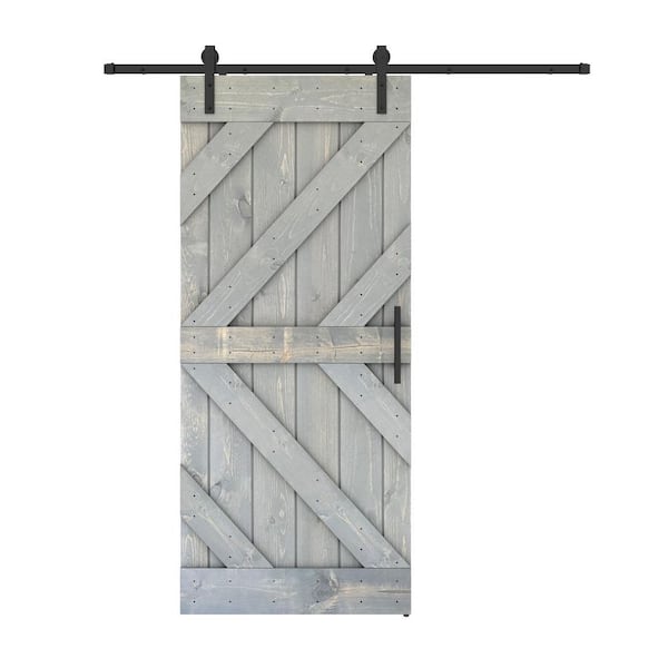 Dessliy Triple KL 38 in. x 84 in. Weather Grey Finished Pine Wood Sliding Barn Door with Hardware Kit (DIY)