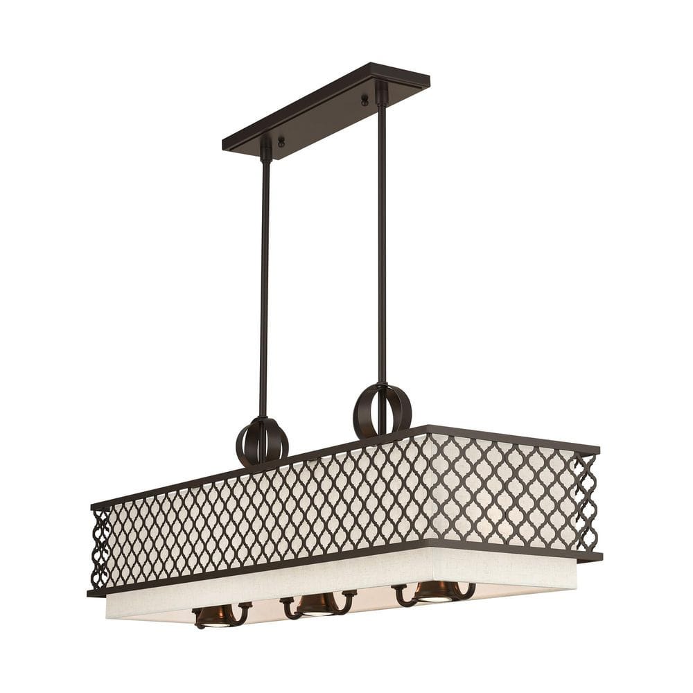 Arabesque English Bronze 9-Light Linear Chandelier with Fabric Shades