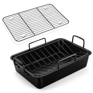 16 in. Nonstick Deep Lasagna Brownie Turkey Pan with V-Shaped Rack and Cooling Rack, Easy to Clean, Black