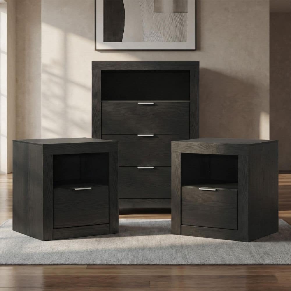 Davenly 3-Piece Black 1-Drawer 21.8 in. W Set of 2 Nightstands and Chest