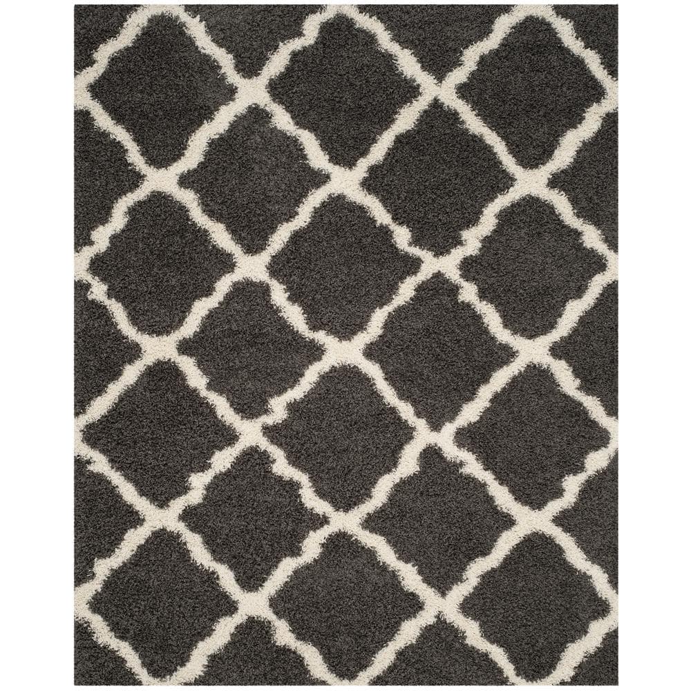 Ivory and Dark Grey High Pile Shag Synthetic Area Rug, 10' x 14'